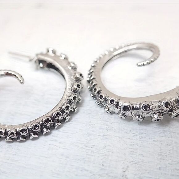 Nautical Gothic Kraken Silver toned Octopus Tentacle Hoop Earrings - Picture 4 of 6
